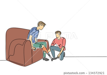 A continuous line draw of a young man on sofa being assisted with a prosthetic leg, representing health concept and inclusivity for World Day for Assistive Technology in minimal illustration style. A continuous line draw of a young man on sofa being assisted with a prosthetic leg, representing health concept and inclusivity for World Day for Assistive Technology in minimal illustration style. 134372921