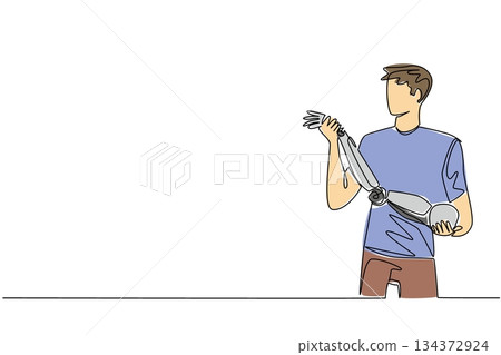 Continuous line drawing of a woman holding a robotic prosthetic arm, representing innovation in assistive health technology and inclusion for World Day for Assistive Technology science concept. 134372924