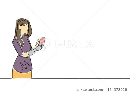 Single line drawing of a woman with prosthetic arm using a smartphone, highlighting accessibility and empowerment through assistive devices, health concept, World Day for Assistive Technology. Single line drawing of a woman with prosthetic arm using a smartphone, highlighting accessibility and empowerment through assistive devices, health concept, World Day for Assistive Technology. 134372926