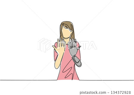 Single line drawing of a woman with a bionic hand alongside her natural hand, symbolizing empowerment, medical innovation, and health concept for World Day for Assistive Technology awareness. 134372928