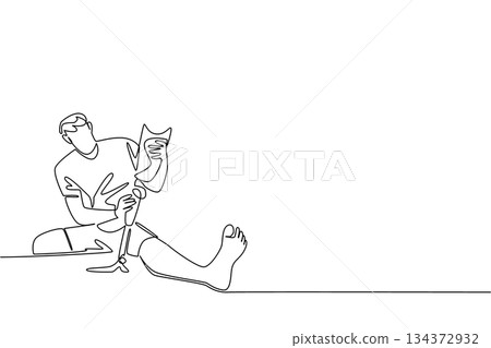 A one line drawing vector of a young man adjusting his prosthetic leg while seated, symbolizing adaptation, innovation, and strength for the World Day for Assistive Technology health concept. 134372932