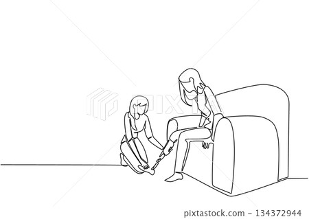 Continuous line draw of World Day for Assistive Technology, featuring a woman assisting another woman with prosthetic leg on sofa. Show inclusion, care, health innovation, and accessibility concept. Continuous line draw of World Day for Assistive Technology, featuring a woman assisting another woman with prosthetic leg on sofa. Show inclusion, care, health innovation, and accessibility concept. 134372944