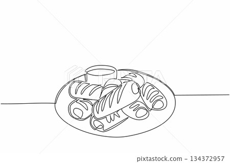 A single line drawing of sausage rolls displayed on a round plate with dipping sauce, representing a culinary concept design. This minimalist artwork highlights National Sausage Roll Day celebration. A single line drawing of sausage rolls displayed on a round plate with dipping sauce, representing a culinary concept design. This minimalist artwork highlights National Sausage Roll Day celebration. 134372957