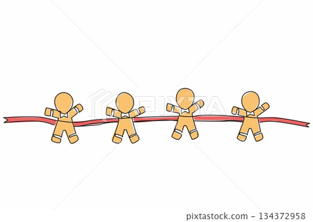 A playful continuous line drawing of gingerbread men cookies arranged on a festive ribbon, symbolizing National Gingerbread Day with a creative food concept holiday design illustration. 134372958
