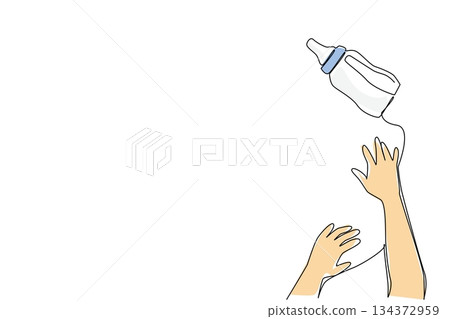 A single line drawing showing a baby hand crawling while reaching a formula milk plastic bottle, symbolizing nurturing care and healthy growth for Infant Feeding Day in a family health concept. 134372959