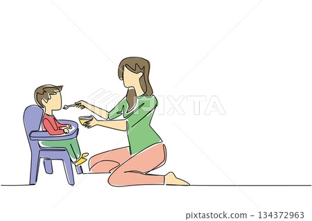 Mother feeding her baby son in a high chair, shown in single line drawing style for health concept design. This artwork honors Infant Feeding Day, symbolizing parenting, care, nutrition, and wellness. Mother feeding her baby son in a high chair, shown in single line drawing style for health concept design. This artwork honors Infant Feeding Day, symbolizing parenting, care, nutrition, and wellness. 134372963
