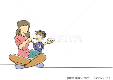 A mother feeding her young son while holding him, depicted in one line draw style for health concept design. A symbolic illustration celebrating Infant Feeding Day, focusing on parenting and wellness A mother feeding her young son while holding him, depicted in one line draw style for health concept design. A symbolic illustration celebrating Infant Feeding Day, focusing on parenting and wellness 134372964