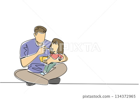 A father feeding his young daughter with a spoon, drawn in continuous line drawing style for health concept art. Perfect for Infant Feeding Day, promoting parenting, care, and child nutrition. A father feeding his young daughter with a spoon, drawn in continuous line drawing style for health concept art. Perfect for Infant Feeding Day, promoting parenting, care, and child nutrition. 134372965
