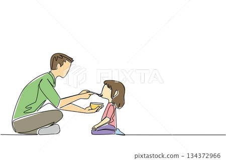 Single line drawing illustration of a father feeding his daughter with a spoon, highlighting Infant Feeding Day as a health concept that promotes parent care, nurture, love, and child nutrition. Single line drawing illustration of a father feeding his daughter with a spoon, highlighting Infant Feeding Day as a health concept that promotes parent care, nurture, love, and child nutrition. 134372966