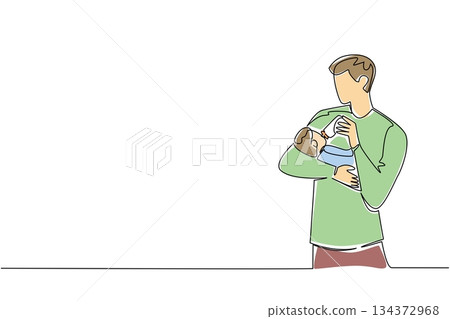 Single line drawing of a father holding his infant and bottle feeding, representing Infant Feeding Day in a health concept that reflects parenting love, support, and healthy childhood development. Single line drawing of a father holding his infant and bottle feeding, representing Infant Feeding Day in a health concept that reflects parenting love, support, and healthy childhood development. 134372968