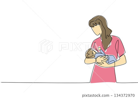 Single line drawing showing a mother gently bottle feeding her infant in her arms, designed for Infant Feeding Day with a health concept to support baby growth, nurture, parent love, and bonding. Single line drawing showing a mother gently bottle feeding her infant in her arms, designed for Infant Feeding Day with a health concept to support baby growth, nurture, parent love, and bonding. 134372970