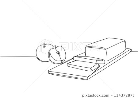 A simple single line drawing of apples placed beside a sliced applesauce cake loaf, emphasizing the flavor and tradition of National Applesauce Cake Day in a symbolic food concept design. A simple single line drawing of apples placed beside a sliced applesauce cake loaf, emphasizing the flavor and tradition of National Applesauce Cake Day in a symbolic food concept design. 134372975