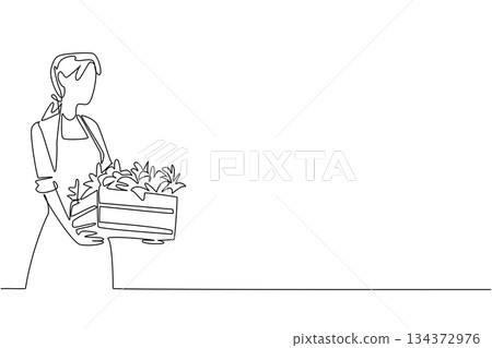 Charming continuous line drawing of woman carrying crate of plants, representing gardening, physical exercise, and lifestyle balance in a health and nature concept for National Gardening Exercise Day. 134372976