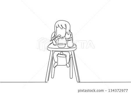 A continuous line drawing showing a young girl eating with a spoon while sitting on a high chair, representing healthy nutrition, care, and love on Infant Feeding Day in a health concept. A continuous line drawing showing a young girl eating with a spoon while sitting on a high chair, representing healthy nutrition, care, and love on Infant Feeding Day in a health concept. 134372977