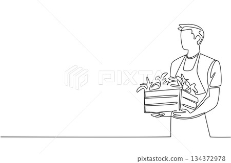 Elegant one line drawing of man carrying crate filled with plants, symbolizing gardening exercise, nature care, and wellness in a lifestyle and health concept for National Gardening Exercise Day. Elegant one line drawing of man carrying crate filled with plants, symbolizing gardening exercise, nature care, and wellness in a lifestyle and health concept for National Gardening Exercise Day. 134372978