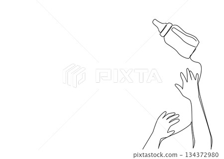 A single line drawing of a baby reaching milk bottle contain formula milk, while being beside their arms, illustrating tenderness, bonding, and nourishment on Infant Feeding Day in a health concept. A single line drawing of a baby reaching milk bottle contain formula milk, while being beside their arms, illustrating tenderness, bonding, and nourishment on Infant Feeding Day in a health concept. 134372980
