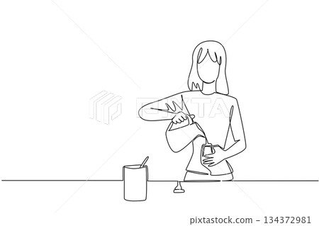 A single line drawing of a woman preparing baby formula powder milk by pouring water into a bottle, symbolizing maternal care, love, and responsibility in a health concept for Infant Feeding Day. 134372981