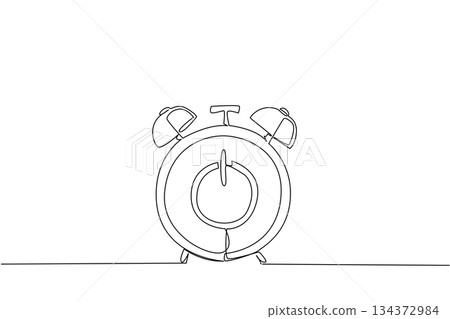 Minimal continuous line drawing of alarm clock with reset symbol, symbolizing time, renewal, and fresh opportunities in a lifestyle and motivation concept for National Start Over Day. 134372984