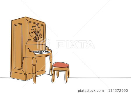 A continuous line drawing of a classic upright wooden piano with stool, symbolizing musical tradition and retro charm, celebrating Old Time Player Piano Day with a cultural heritage concept. A continuous line drawing of a classic upright wooden piano with stool, symbolizing musical tradition and retro charm, celebrating Old Time Player Piano Day with a cultural heritage concept. 134372990
