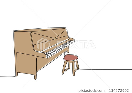 A continuous line drawing of a vintage upright piano with stool, featuring classic wood design and ornate detail, symbolizing Old Time Player Piano Day in a culture concept celebration. A continuous line drawing of a vintage upright piano with stool, featuring classic wood design and ornate detail, symbolizing Old Time Player Piano Day in a culture concept celebration. 134372992