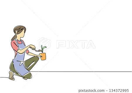 A woman is shown gardening with a small pot and spade, symbolizing healthy outdoor activity on National Gardening Exercise Day, drawn in continuous line drawing with a nature concept. 134372995