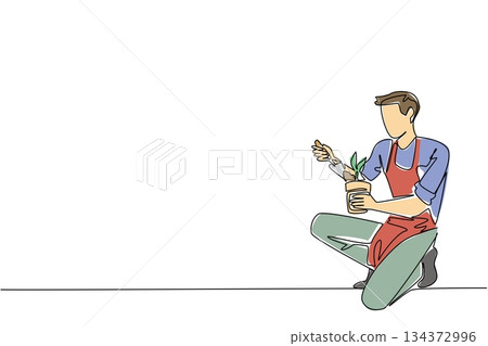 Continuous line drawing of a young man kneeling with apron while planting in a small pot, symbolizing nature concept and National Gardening Exercise Day activity with dedication. Continuous line drawing of a young man kneeling with apron while planting in a small pot, symbolizing nature concept and National Gardening Exercise Day activity with dedication. 134372996