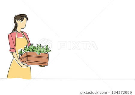 Continuous line drawing of a woman gardener with apron holding wooden crate of fresh plants, celebrating eco lifestyle and nature concept during National Gardening Exercise Day event. 134372999