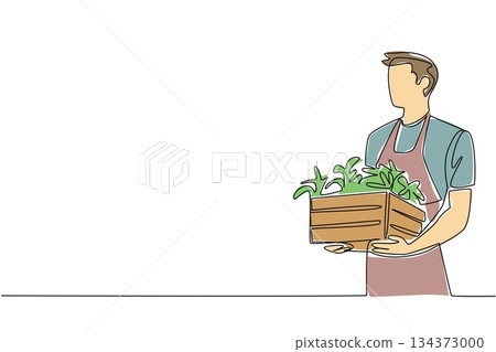 Continuous line drawing of a young man in apron holding a crate filled with leafy plants, reflecting health and nature concept for National Gardening Exercise Day celebration worldwide. 134373000