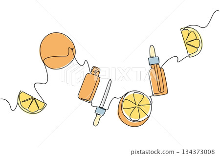 Continuous line drawing of citrus fruits and skincare bottles symbolizes natural skincare in a health concept for National Clean Beauty Day, promoting organic beauty and eco-friendly lifestyle. 134373008