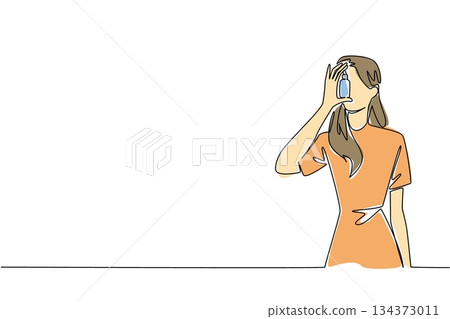 Continuous line drawing of a woman holding serum bottle in front of her eye, shows health concept under the theme of National Clean Beauty Day. Skincare, natural cosmetics, and clean beauty awareness. Continuous line drawing of a woman holding serum bottle in front of her eye, shows health concept under the theme of National Clean Beauty Day. Skincare, natural cosmetics, and clean beauty awareness. 134373011