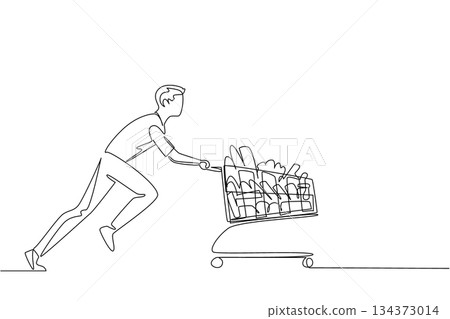 A young man pushes a grocery cart filled with products in continuous line drawing style, showcasing the business concept of retail shopping and celebrating customer culture on Shopping Cart Day. A young man pushes a grocery cart filled with products in continuous line drawing style, showcasing the business concept of retail shopping and celebrating customer culture on Shopping Cart Day. 134373014