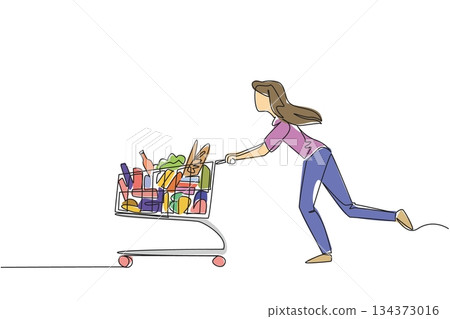 A woman running and pushing a shopping cart full of groceries, bottle, in single line drawing style, representing the consumer lifestyle and business concept of retail shopping on Shopping Cart Day. 134373016