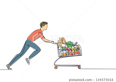 A young man pushes a grocery cart full of goods in continuous line drawing style, highlighting the retail shopping business concept and customer culture for Shopping Cart Day event. A young man pushes a grocery cart full of goods in continuous line drawing style, highlighting the retail shopping business concept and customer culture for Shopping Cart Day event. 134373018