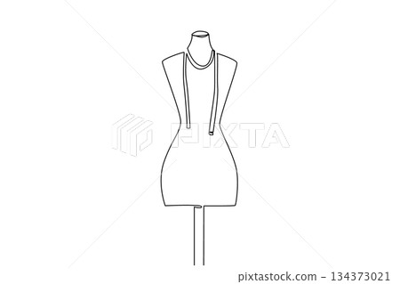 One line drawing features a mannequin with measuring tape draped over it. tailoring and fashion design concept for National Tailors Day, highlighting creativity, tools, and craftsmanship One line drawing features a mannequin with measuring tape draped over it. tailoring and fashion design concept for National Tailors Day, highlighting creativity, tools, and craftsmanship 134373021