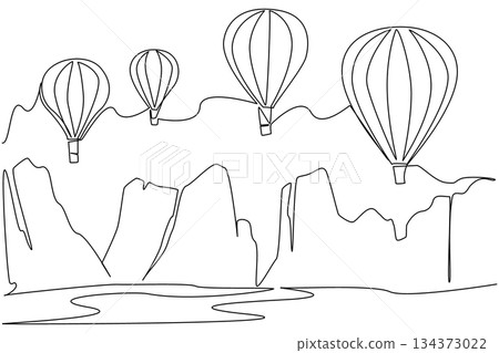 Continuous line drawing of hot air balloons flying over mountains captures an adventure concept for Hot Air Balloon Day, symbolizing freedom, travel dreams, and breathtaking international celebrations 134373022