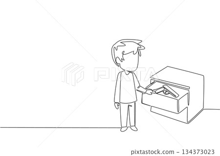 A young boy standing by a drawer, discovering a firearm inside, depicted in a single line drawing style. This safety concept highlights National SAFE Day, emphasizing child protection awareness. 134373023