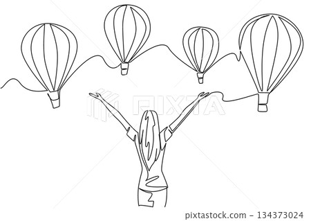 Continuous line draw of woman raising hands to hot air balloons celebrates freedom and travel concept in Hot Air Balloon Day, symbolizing joy, adventure, and international celebration of exploration 134373024