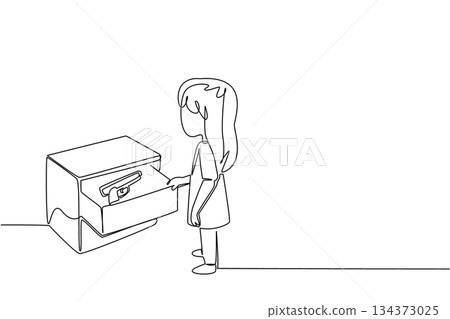 A young girl opening a drawer to discover a firearm is illustrated in continuous line drawing style. This design highlights National SAFE Day, raising awareness about safe storage and child protection 134373025