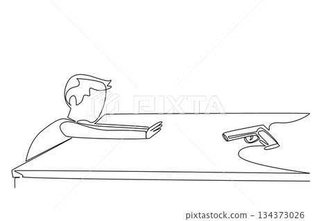 A young boy reaching for a firearm on a table is illustrated in one line drawing style. This National SAFE Day safety concept warns of risks, promoting secure storage and protection awareness. 134373026