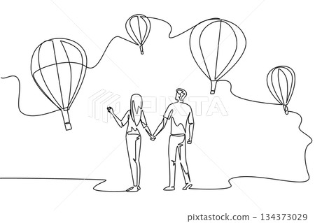 Continuous line draw of couple holding hands watching hot air balloons represents love and adventure concept for Hot Air Balloon Day, celebrating romance, travel, and scenic international experiences 134373029