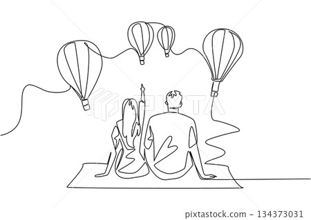 Single line drawing of couple sitting and watching hot air balloons conveys a love and travel concept under Hot Air Balloon Day, representing romance, exploration, and scenic international celebration Single line drawing of couple sitting and watching hot air balloons conveys a love and travel concept under Hot Air Balloon Day, representing romance, exploration, and scenic international celebration 134373031