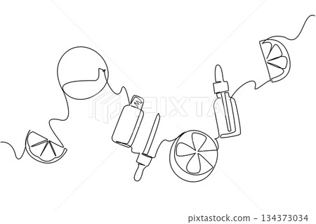 Serum bottles and citrus slices are drawn in continuous line drawing style, representing skincare and wellness business concept while celebrating the natural care theme of National Clean Beauty Day. 134373034