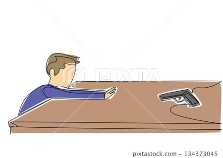Single line drawing for National SAFE Day, showing a boy stretching his hand to reach a gun on a table, representing child firearm risk, prevention, family protection, and awareness. 134373045