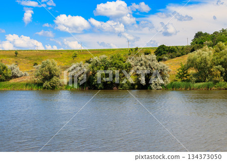 Summer landscape with beautiful lake, green meadows, hills, trees and blue sky Summer landscape with beautiful lake, green meadows, hills, trees and blue sky 134373050