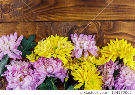 Beautiful chrysanthemums on wooden background. Top view, copy space 134373062