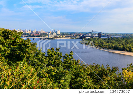 View of the Dnieper river and Kiev cityscape, Ukraine 134373097
