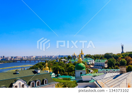 View of Kiev Pechersk Lavra (Kiev Monastery of the Caves), Motherland Monument and the Dnieper river in Ukraine View of Kiev Pechersk Lavra (Kiev Monastery of the Caves), Motherland Monument and the Dnieper river in Ukraine 134373102
