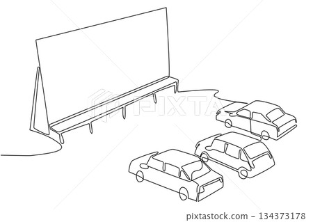 One line drawing design concept illustrating National Drive In Movie Day, with cars parked before a giant outdoor screen, symbolizing retro entertainment, nostalgia, and classic cinema culture. One line drawing design concept illustrating National Drive In Movie Day, with cars parked before a giant outdoor screen, symbolizing retro entertainment, nostalgia, and classic cinema culture. 134373178