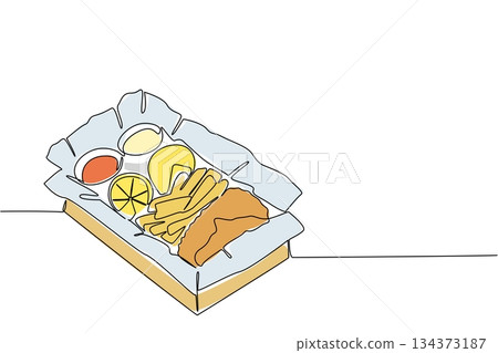 A continuous line drawing of a takeaway box filled with fish and chips, lemon slices, and dips, symbolizing comfort food culture in National Fish and Chip Day as a food concept. A continuous line drawing of a takeaway box filled with fish and chips, lemon slices, and dips, symbolizing comfort food culture in National Fish and Chip Day as a food concept. 134373187