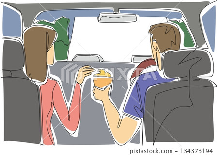 A man and woman sharing snacks inside a car at a drive-in, symbolizing romantic bonding and leisure under National Drive-In Movie Day in a continuous line drawing entertainment concept. A man and woman sharing snacks inside a car at a drive-in, symbolizing romantic bonding and leisure under National Drive-In Movie Day in a continuous line drawing entertainment concept. 134373194